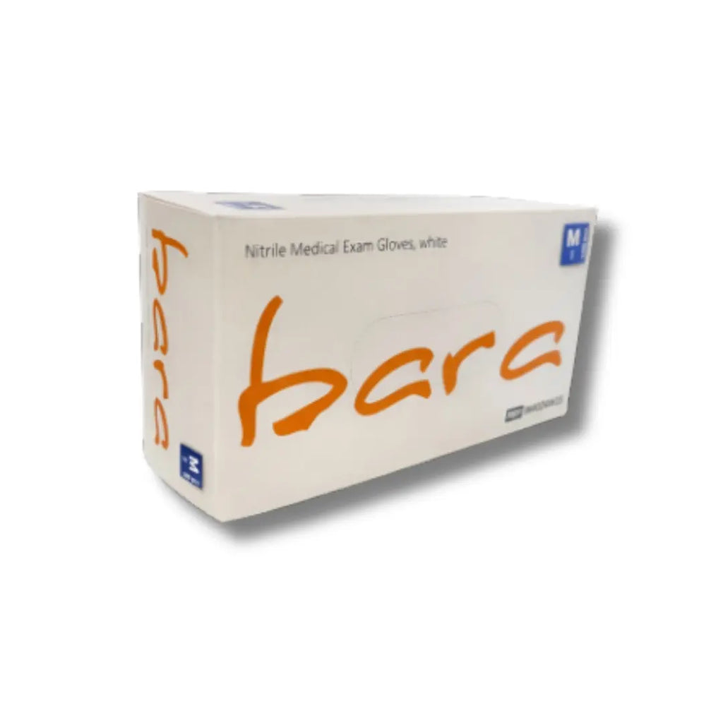 Box of Nitrile Medical Exam Gloves with 'bara' branding on a white background