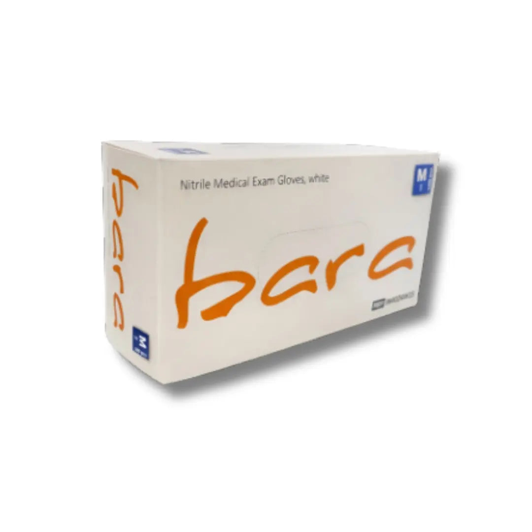 Box of Nitrile Medical Exam Gloves with 'bara' branding on a white background