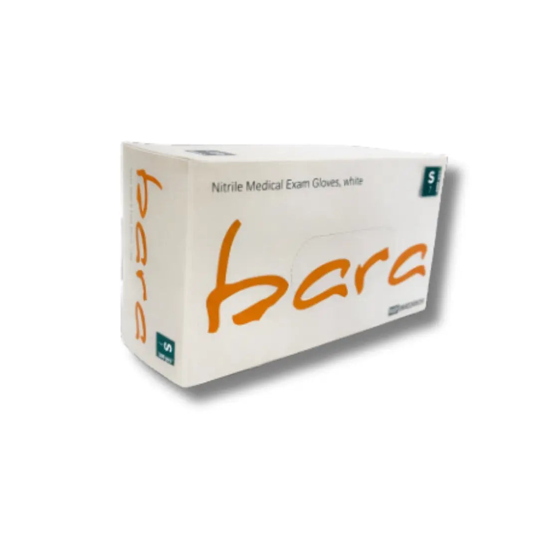 Box of Nitrile Medical Exam Gloves with 'bara' branding on a white background