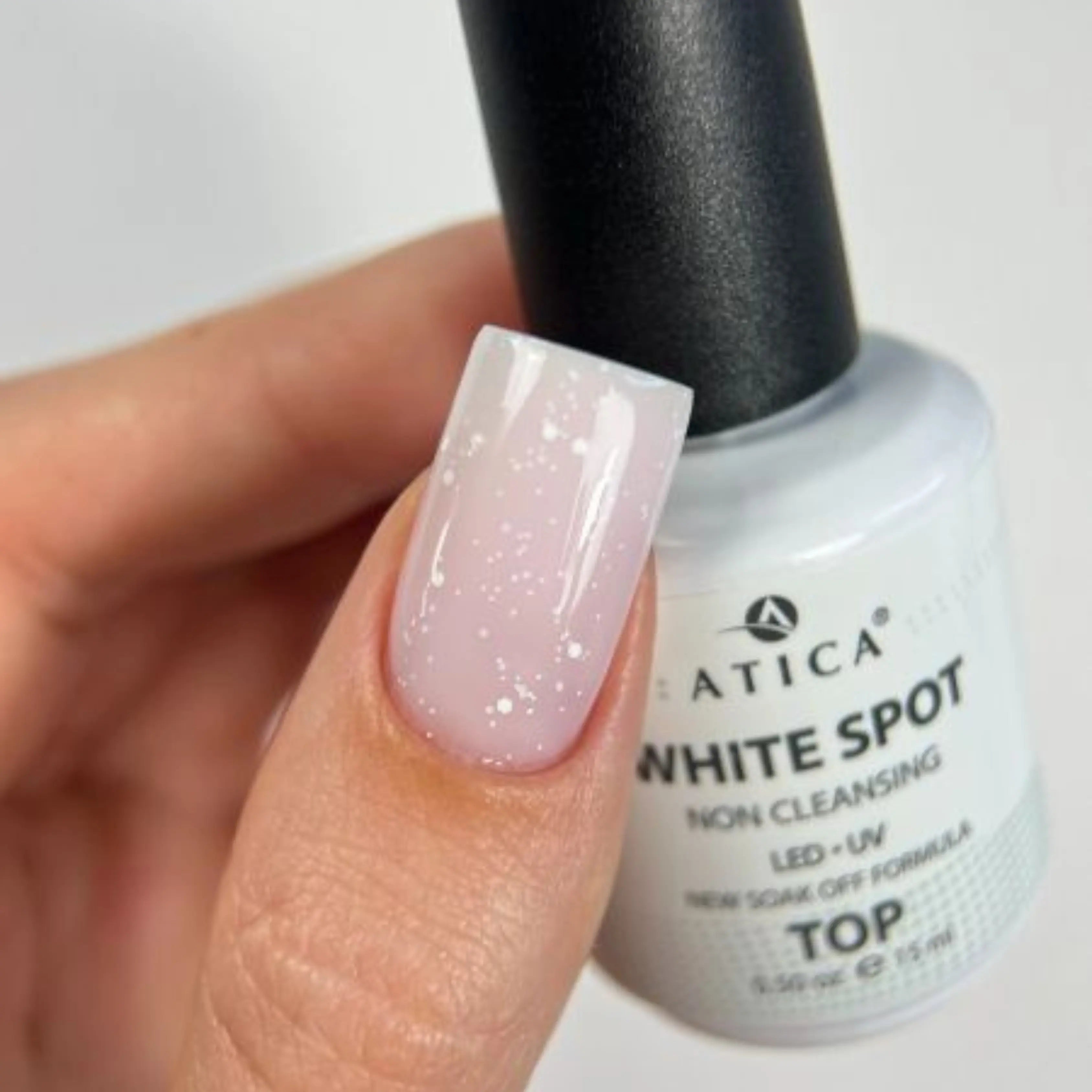 Top Coat White Spot 15 ml – no-wipe gel top with white snowflake-like particles