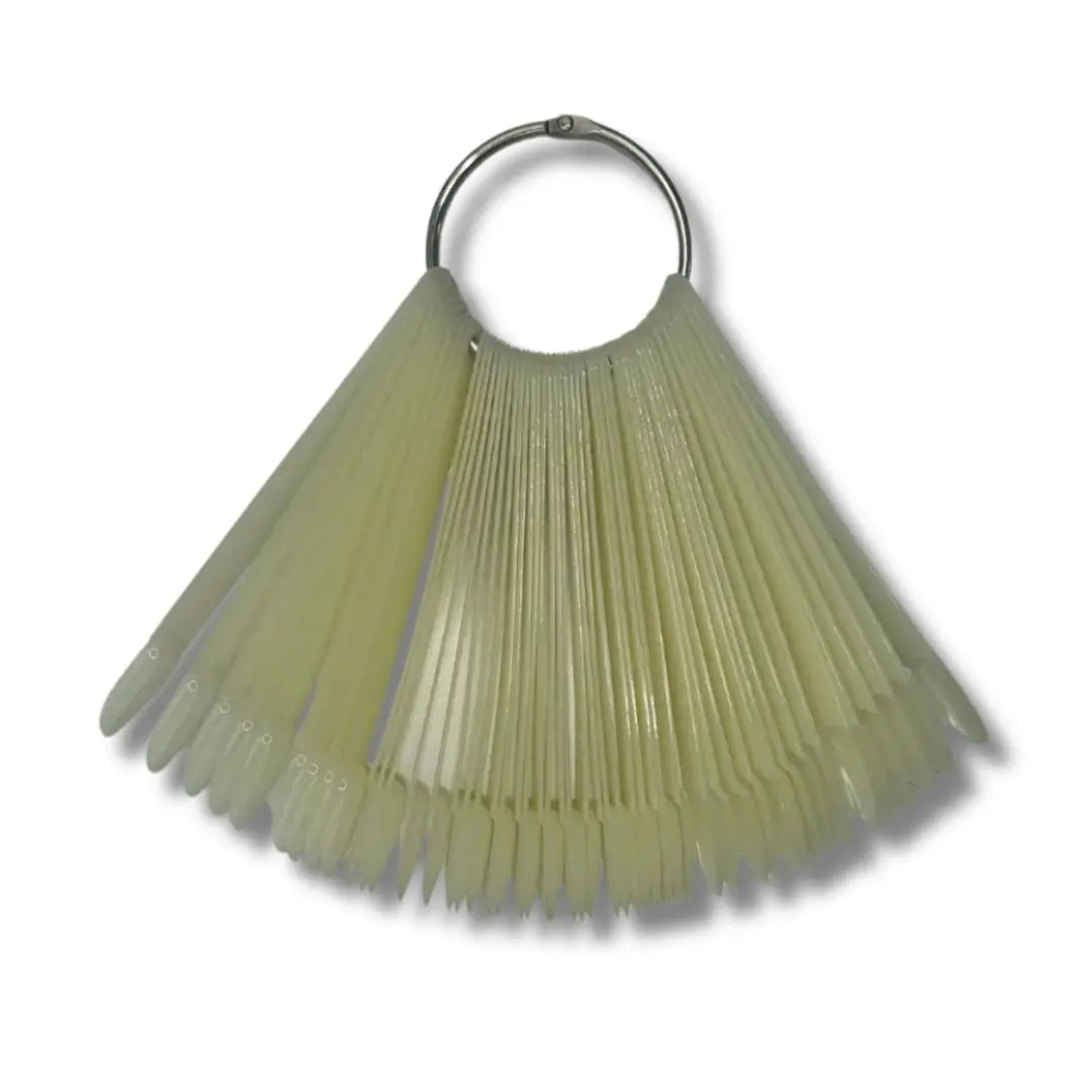 Beige Nail Display Tips with Ring Holder – 50 neutral nail swatch tips, 12 cm length, organised on metal ring