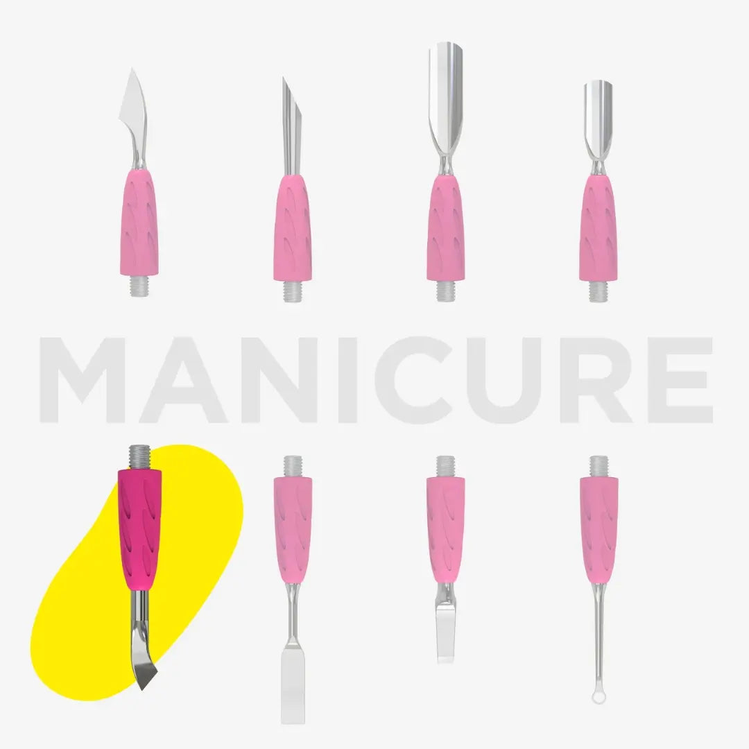 Set of manicure tools with pink handles on a white background, featuring the word 'MANICURE'.