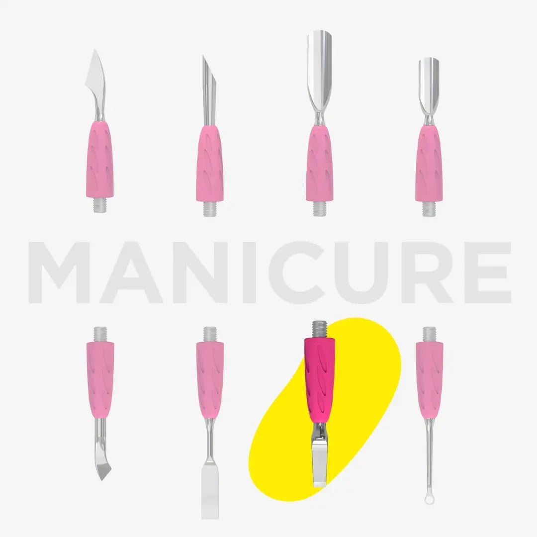Set of manicure tools with pink handles on a white background, featuring the word 'MANICURE'.