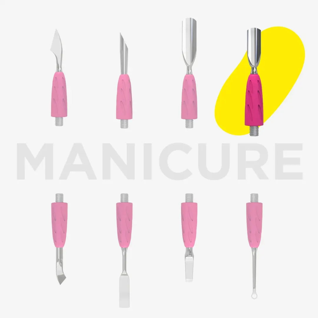 Set of manicure tools with pink handles on a white background, featuring the word 'MANICURE'.