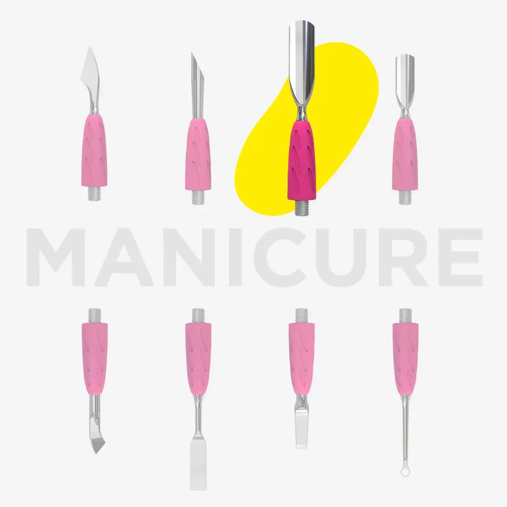 Set of nine tools with pink handles on a gray background