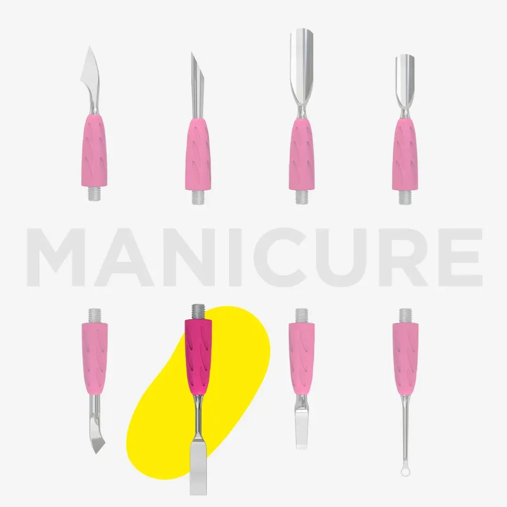 Set of manicure tools with pink handles on a white background, featuring the word 'MANICURE'.