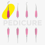 Set of pink pedicure tools with a yellow oval and 'Pedicure' text on a white background