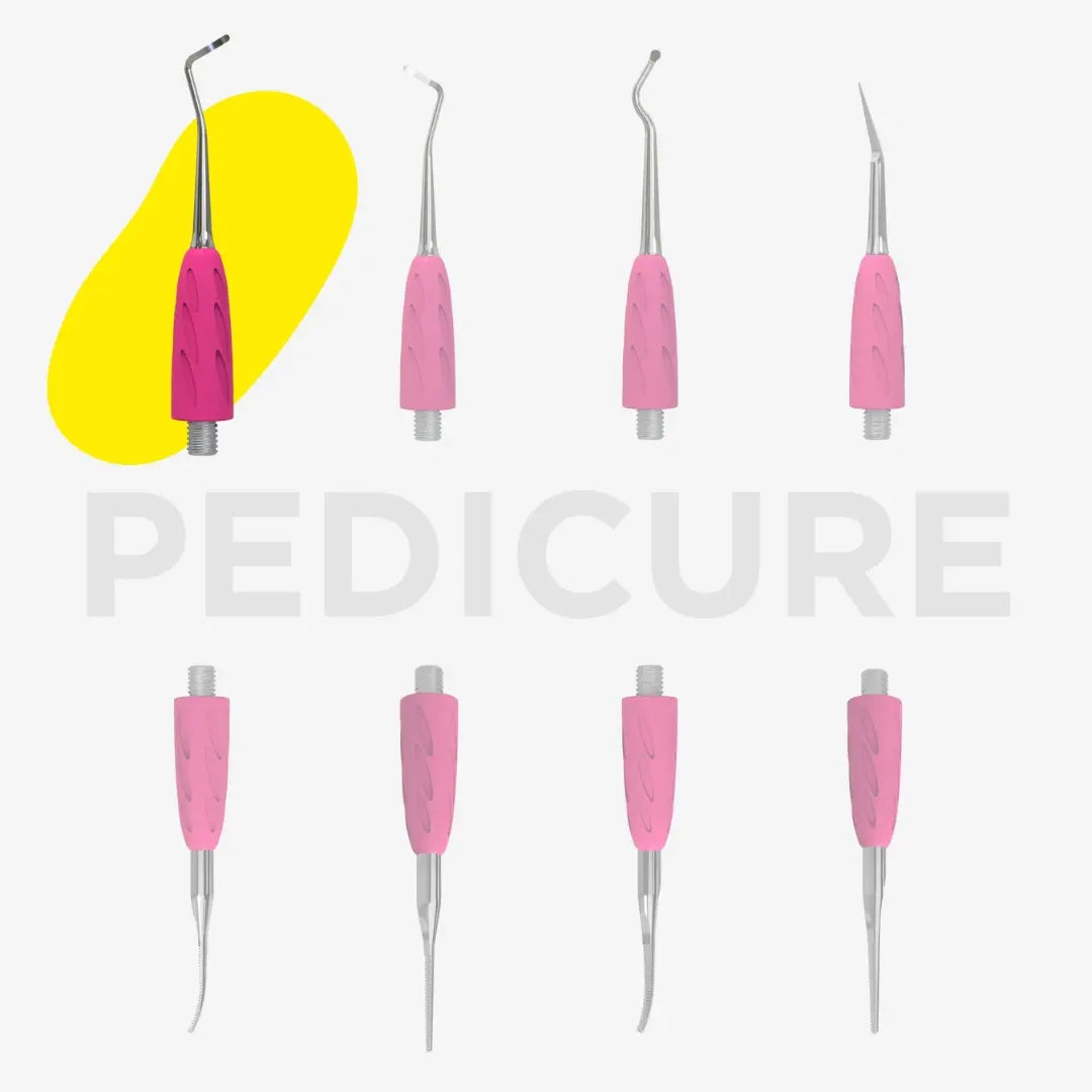 Set of pink pedicure tools with a yellow oval and 'Pedicure' text on a white background