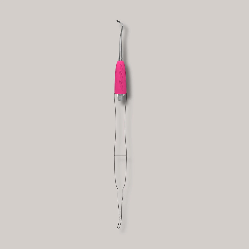 Combo UNIQ 32 Curette (Bend to the Right) – stainless steel pedicure tool for ingrown nails and callus removal with an ergonomic silicone grip.