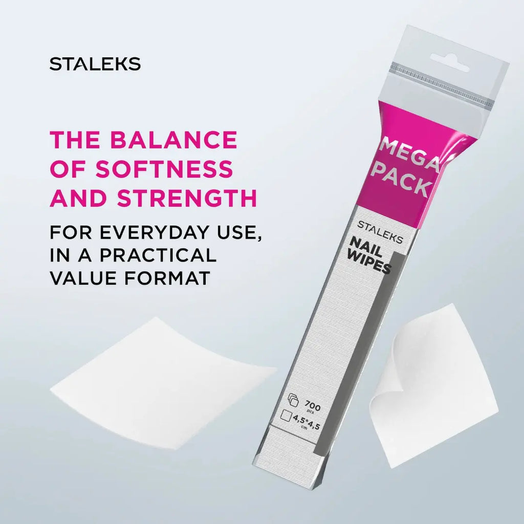 Staleks Megapack nail wipes shown in retail packaging on a light blue background, with two white wipes floating nearby and marketing text on the left.
