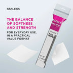 Staleks Megapack nail wipes shown in retail packaging on a light blue background, with two white wipes floating nearby and marketing text on the left.