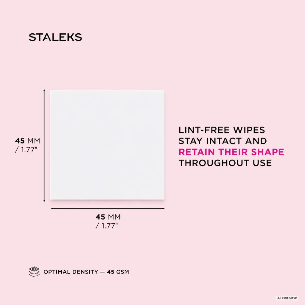 A product information graphic for Staleks lint-free wipes. It shows a square white wipe with dimensions of 45 mm by 45 mm (1.