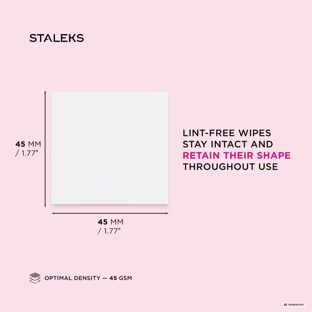 A product information graphic for Staleks lint-free wipes. It shows a square white wipe with dimensions of 45 mm by 45 mm (1.