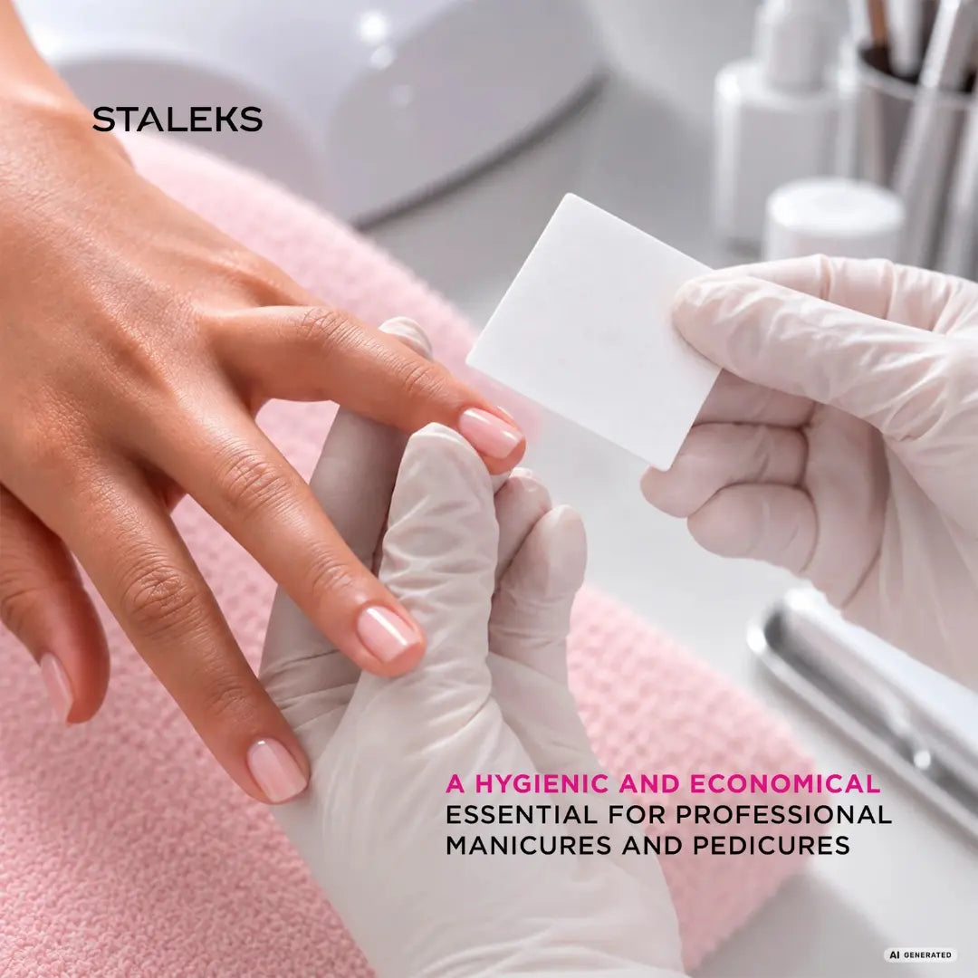 A close-up of a manicure in progress, showing a gloved hand holding a white square applicator or swab over a client's hand with pale pink nails. The brand name STALEKS appears at the top left, and promotional text at the bottom reads 'A HYGIENIC AND ECONOMICAL ESSENTIAL FOR PROFESSIONAL MANICURES AND PEDICURES'.