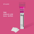 A package of STALEKS Mega Pack single-use nail wipes stands on a pink background with two white wipes placed in front. Text on the image reads 'STALEKS' and '700 SINGLE-USE NAIL WIPES'.